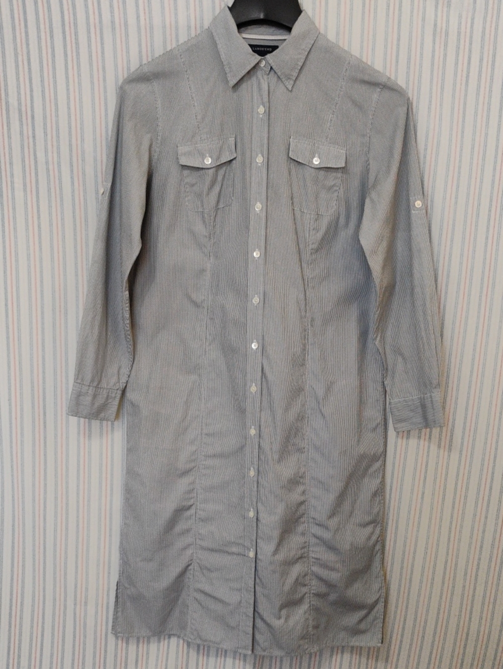 Lands End Blue & White PinStripe Shirt Style Midi Dress.      Sz 10